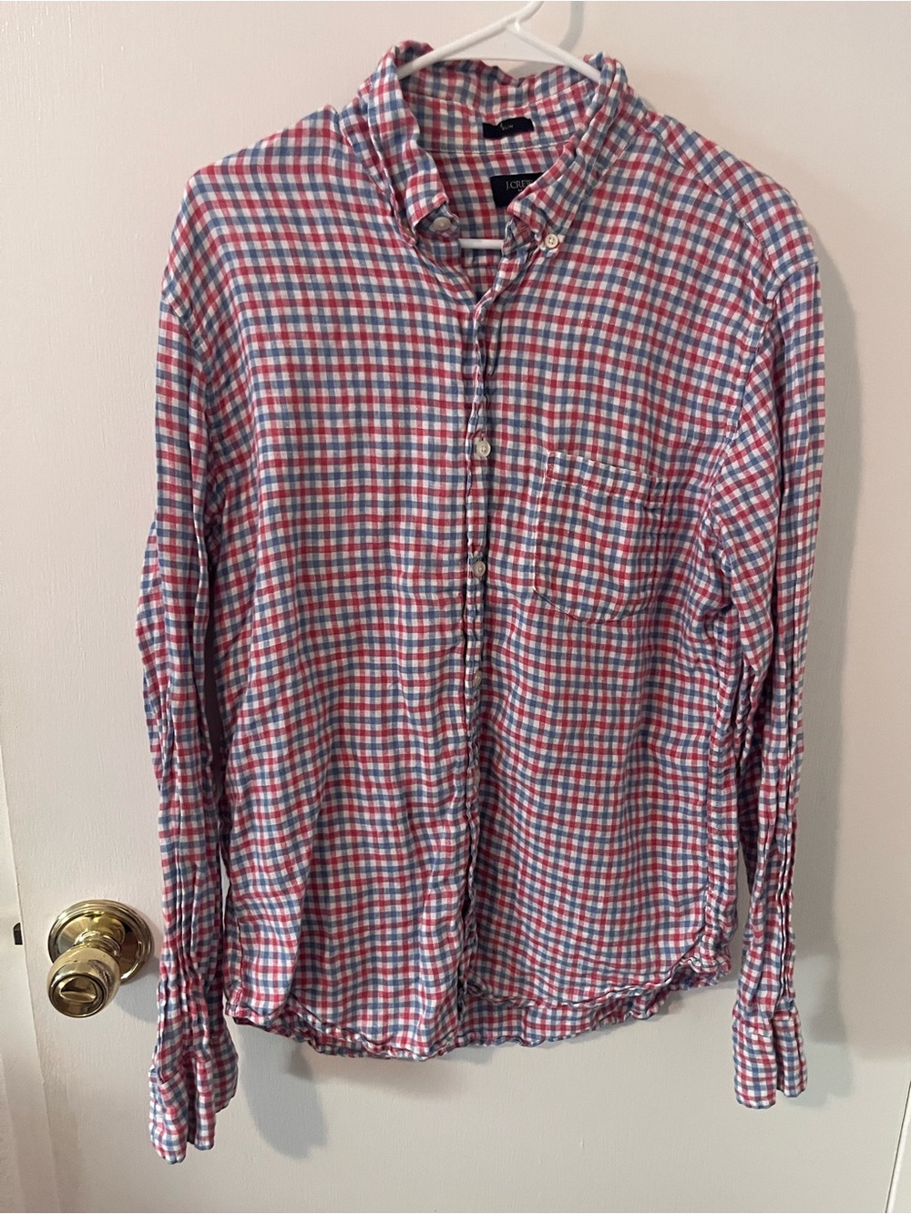 J.Crew Men’s Linen Button Down Shirt Slim Fit Red Blue Checkered Large